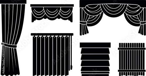 Flat design set of window curtains valances and blinds in black silhouette front view interior decor close up modern elegant
