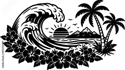 Tattoo flash tropical wave crest with hibiscus border and twin palm trees island sunset low angle dramatic silhouette black vector