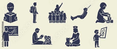Childhood Activities Icons: Education, Play, and Learning Vector Illustration