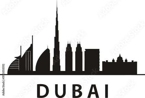 Silhouette of the dubai skyline with the city s name below it