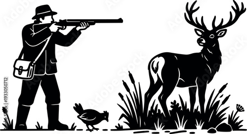 Silhouette vector hunter aiming shotgun at standing stag and partridge in tall grass wearing hat shoulder bag and boots calm