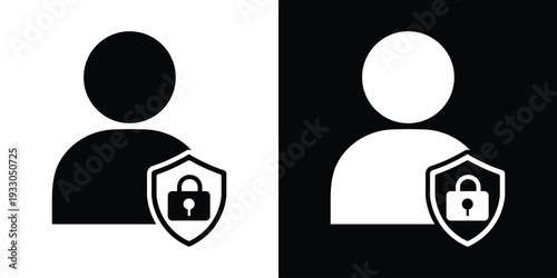 User account security icon showing a profile with a locked shield. Represents protected identity, secure login, personal data privacy, and account safety.