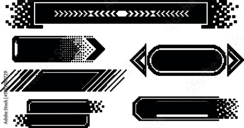 Pixel art glitch banner set six retro eight bit rectangular labels with arrows halftone strips for web game ui interface