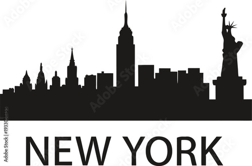 New york city skyline silhouette with statue of liberty and text