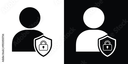 User account security icon showing a profile with a locked shield. Represents protected identity, secure login, personal data privacy, and account safety.