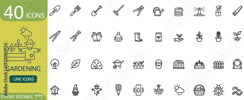 Gardening line icon outline set vector editable agriculture plant collection for web app and infographic featuring tool seed watering flower pot tree fence greenhouse