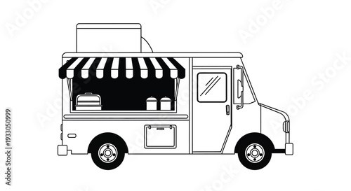 A minimalist black and white line drawing depicts a food truck with visible menu items showcasing a striking silhouette high quality
