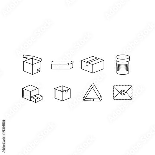 Delivery Package and Shipping Container Vector Line Art Set