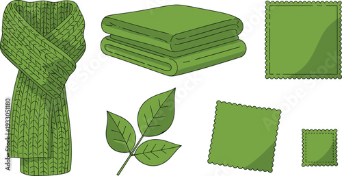 Green Knitted Scarf Set with Folded Wool Blankets, Textured Fabric Swatches, and Natural Green Leaves Isolated Vector Illustration.