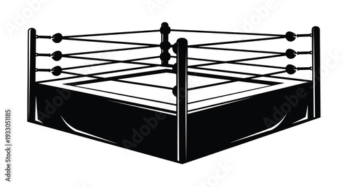 A stark black silhouette depicts a professional wrestling ring emphasizing the ropes and structure silhouette high quality detailed modern