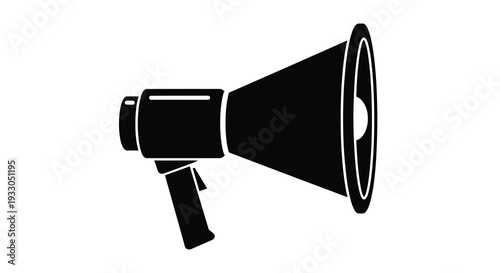 A stark black silhouette of a vintage megaphone rests against a white background conveying announcement or communication silhouette