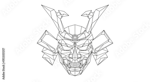 Geometric Samurai Mask Line Art Design.