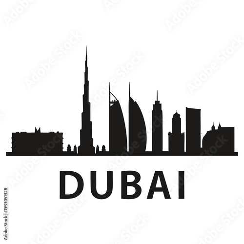 Silhouette of the dubai skyline with the city s name displayed below
