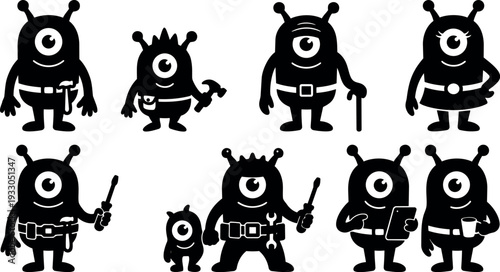 Flat design silhouette mechanic monster lineup showing one eyed alien characters holding hammer screwdriver tablet cup and cane smiling uniformed