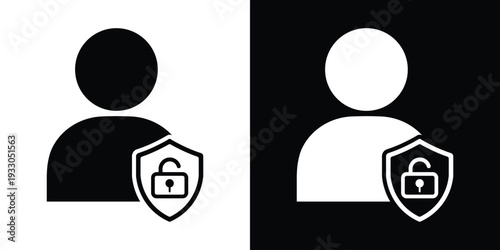 Vector user profile icon with an unlocked security shield, representing data vulnerability, privacy risk, or accessible account settings. Black and white minimalist design.