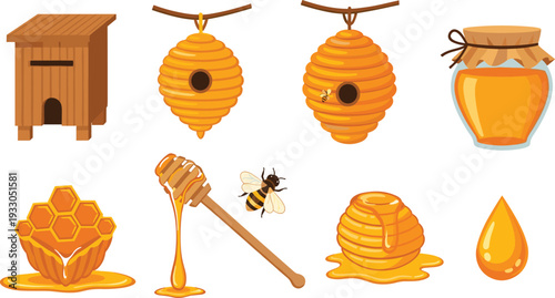 Honey Bee and Beekeeping Set with Wooden Beehive, Hanging Honeycombs, Jar of Fresh Honey, and Dipper Stick Vector Illustration.
