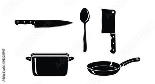 A collection of kitchen tools including knives a pot and a frying pan depicted as a stark silhouette