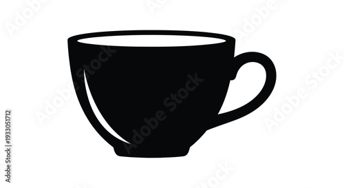 A simple black outline depicts a classic teacup with a curved handle presented as a striking silhouette high quality