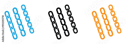 Chain silhouette vector on white background, metal chain icon three set color vector. Ink link icon black silhouette and line art symbol for connection and web linking.