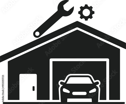 Automotive repair shop icon showing a garage car wrench and gear