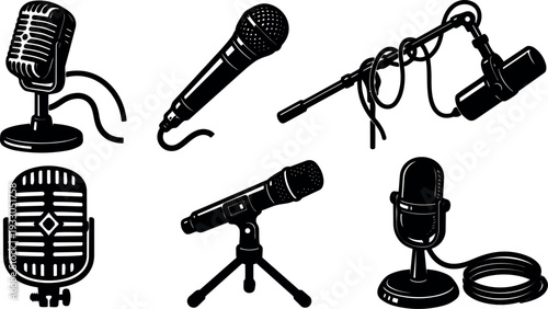 Retro and modern microphone vector icons set with seven perspectives close up studio boom hand held desk tripod side view