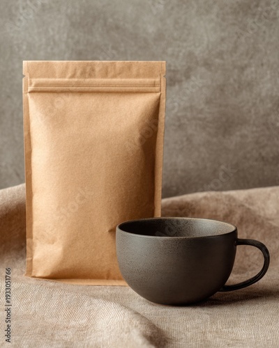 Organic tea packaging mockup with kraft paper and minimalist cup on soft linen backdrop