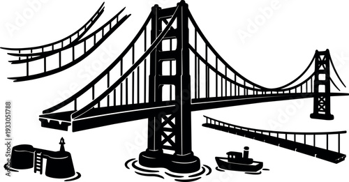 Vector art minimalist suspension bridge close up showing tower cables roadway with boat in water calm bay silhouette high contrast