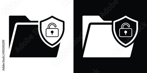 Digital folder icon with an unlocked padlock shield. Represents vulnerable data, open access, or security breach risks. Clean vector design for cybersecurity UI.