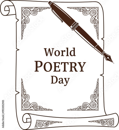 Elegant Vintage Scroll with Pen Celebrating World Poetry Day for Literary Events and Invitations