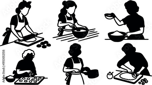 Retro silhouette vector baking icons showing women rolling dough mixing batter and shaping pastries in kitchen close up cozy nostalgic