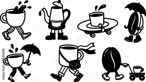 Retro cartoon 90s walking coffee cup characters with skateboard umbrella bag scarf and coffee bean pulling cart splashing droplets playful