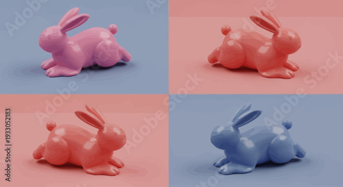 Four colorful figurines of rabbits arranged in a grid pattern on different colored backgrounds from various viewpoints