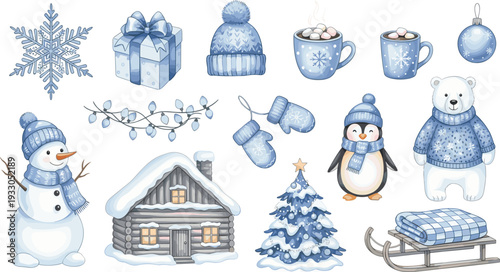 Winter holiday elements collection with snowman penguin cabin snowflake mittens and cozy Christmas decorations