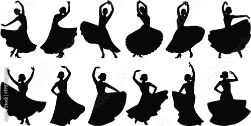 Silhouette illustration of eight dogs in various poses including standing, sitting, and lying down, symbolizing pet behavior, canine posture, animal design, and lifestyle concept