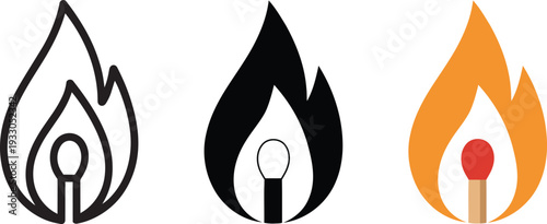 Burning match with fire flame icons showing outline silhouette and colorful flat vector style