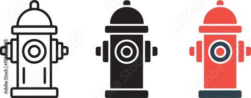 Fire hydrant vector icon set. emergency water supply in outline, glyph, and flat styles