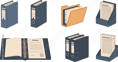 Office Stationery and File Organizer Set with Blue Ring Binders, Manila Folders, Document Holders, and Open Notebook Illustration.