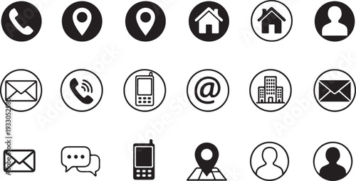 Collection of black and white communication and navigation icons