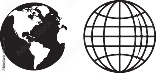 Black and white illustrations of two globe icons side by side