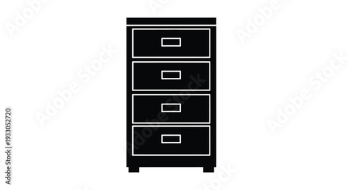 A stark black silhouette of a five drawer dresser stands prominently against a plain white background a simple form silhouette