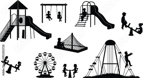 Silhouette illustration of children playing on playground equipment including swings, slides, seesaws, merry‑go‑round, sandbox, climbing structures, and Ferris wheel, symbolizing outdoor activity