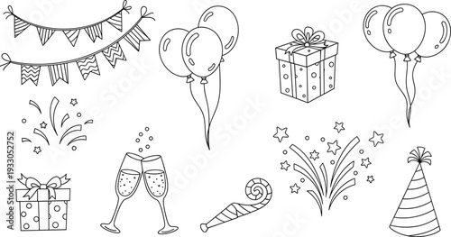 Party Celebration Element Set with Birthday Balloons, Gift Boxes, Party Hat, Champagne Glasses, and Bunting Flags Line Art Vector.