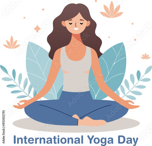 Smiling woman in lotus position celebrating international yoga day