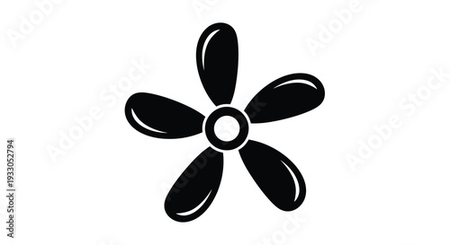 A simple black floral design with five rounded petals and a central void presented as a silhouette high quality