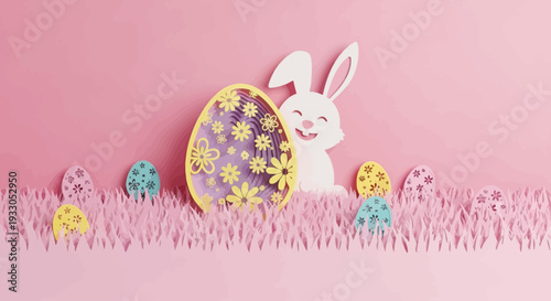 Easter bunny surrounded by colorful eggs in a grassy field
