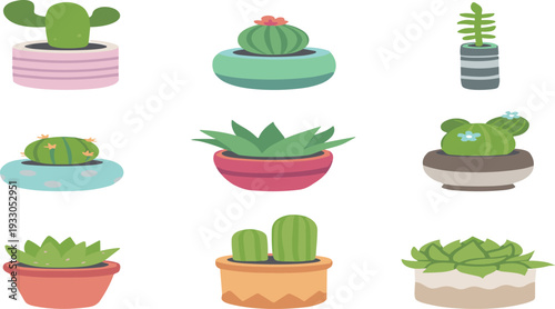 Potted Cactus and Succulent Set with Mini Desert Plants, Decorative Indoor Houseplants, and Round Green Cacti Vector Illustration.