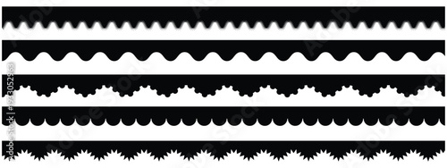 Scalloped edge seamless set. borders and dividers. Simple scalloped border. Repeat cute vintage frill ornament. Texture ribbons. Vector illustration isolated on white background. 