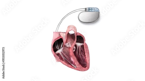 3D medical illustration of implanted cardiac pacemaker with leads positioned inside human heart chambers