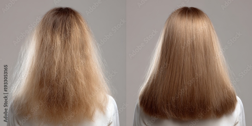 Fototapeta premium Transformation of hair from frizzy to sleek, showcasing stunning before and after results