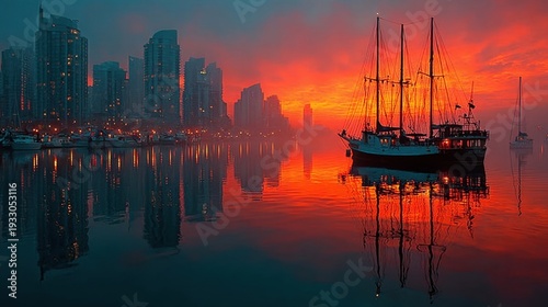 Sunset over a city skyline with a sailboat on calm water